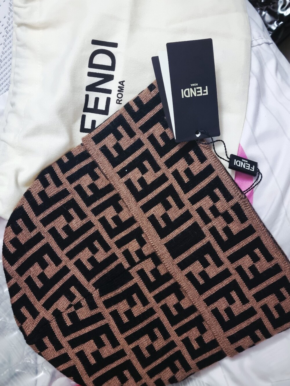 Fendi Black & Brown FF Logo Knit Beanie